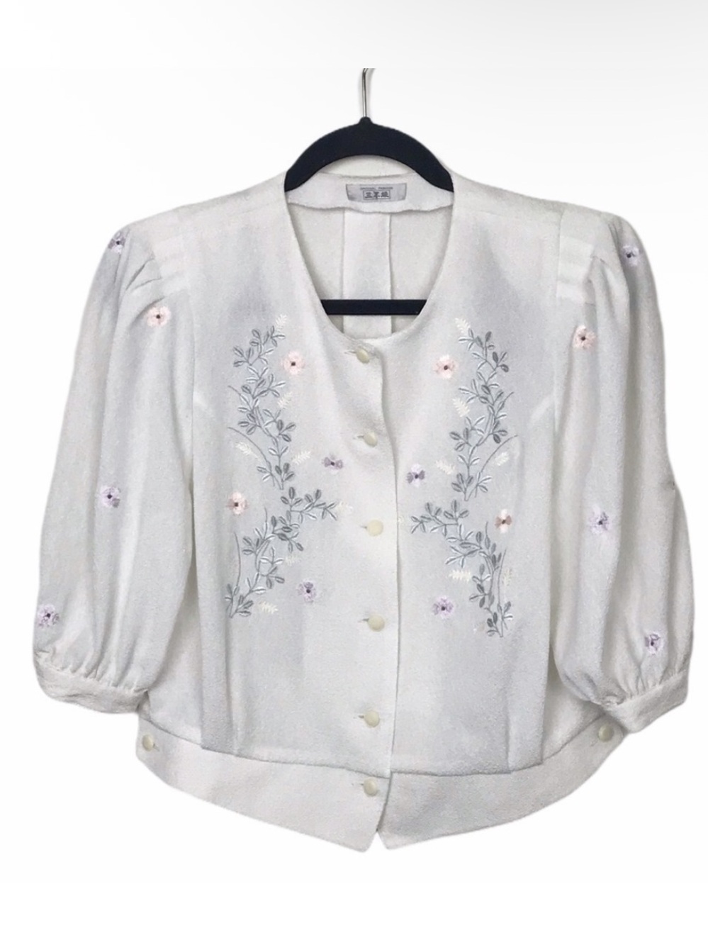 White Floral Embroidered Button Up Blouse